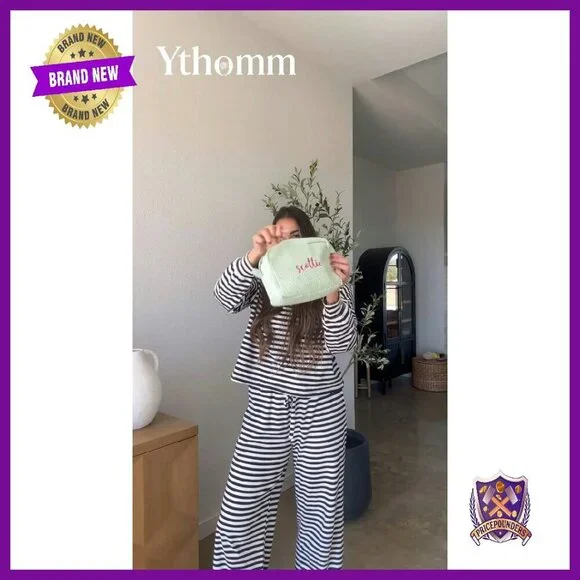 Striped Cotton Lounge Set Long Sleeve Tee Wide Leg Pants Size M - Picture 7 of 8